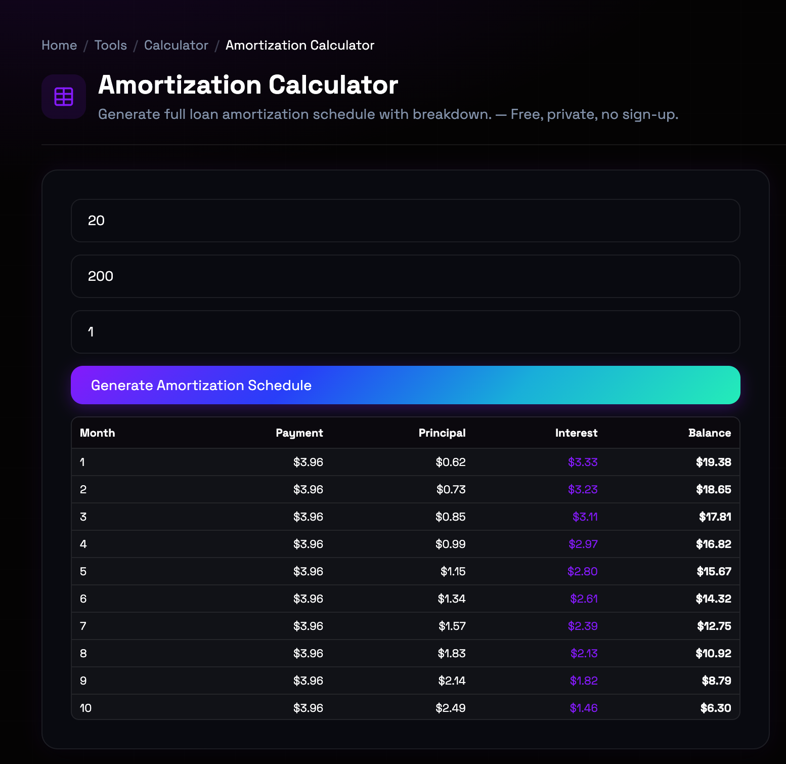How to use Amortization Calculator online — free, fast, and private